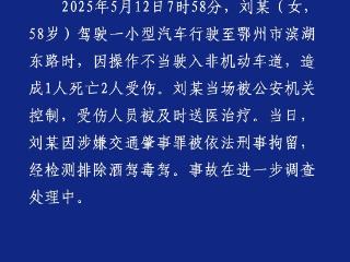 湖北鄂州一小车因操作不当致1死2伤 司机被刑拘