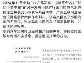 造谣小鹏P7+采用软包电池包，自媒体账号被判赔偿5万元