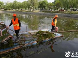 单县：环卫工人烈日下打捞杂草 守护河道清洁